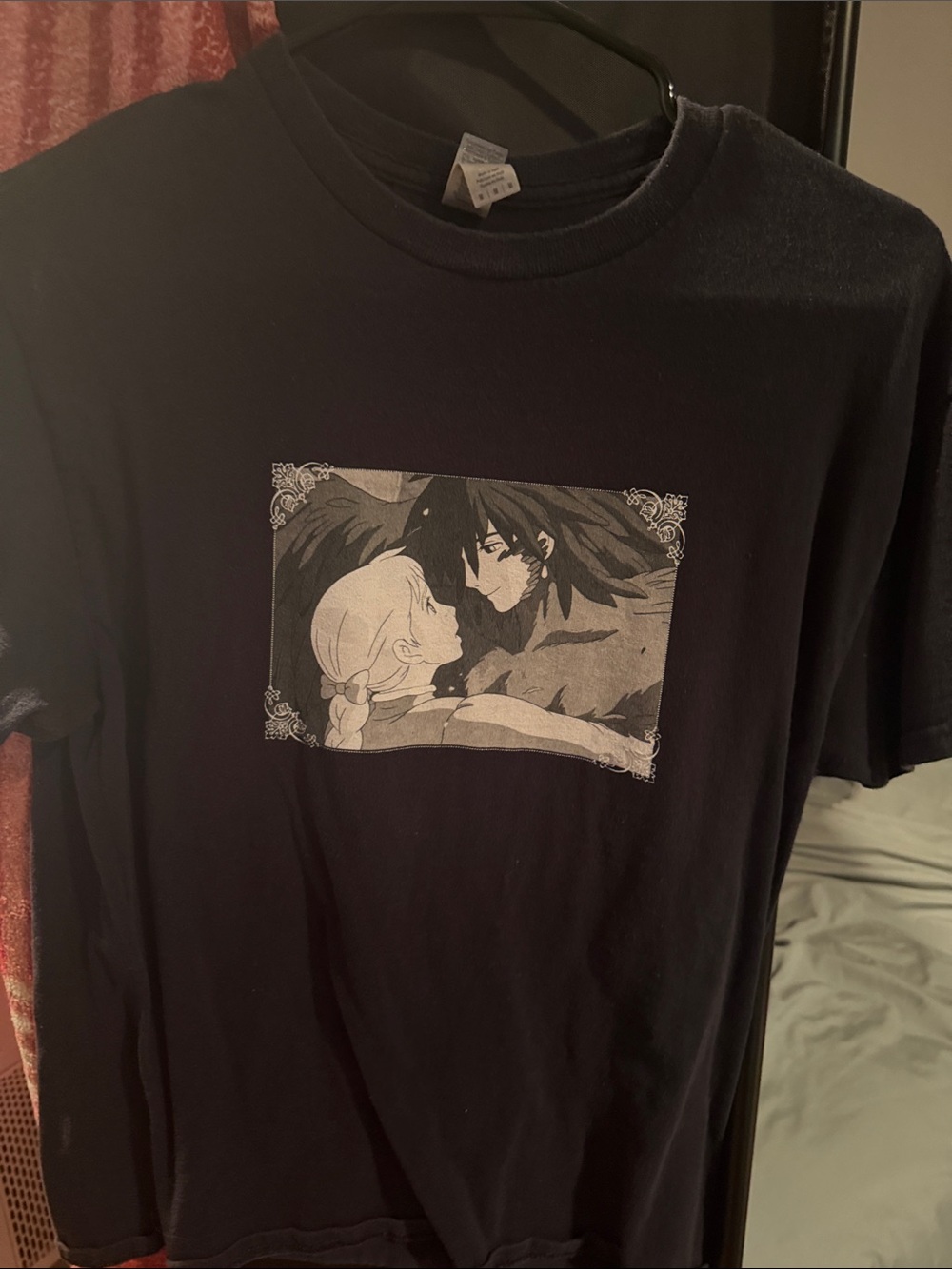 Unisex Medium Black Anime Graphic Tee with Monochrome Illustration